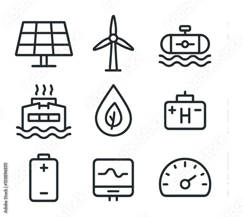 Renewable Energy Icons. Outline icon set of renewable energy breakthroughs: solar panel, wind turbine, tidal generator, geothermal