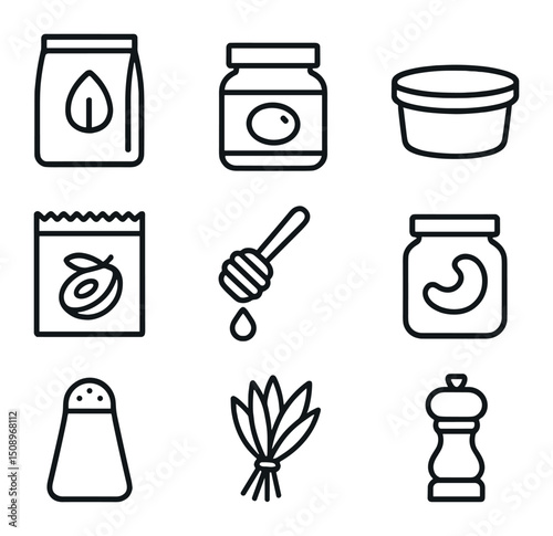 Paleo Pantry Icons. Outline icon set of paleo pantry staples: almond flour bag, coconut oil jar, ghee tub, dried fruit packet,