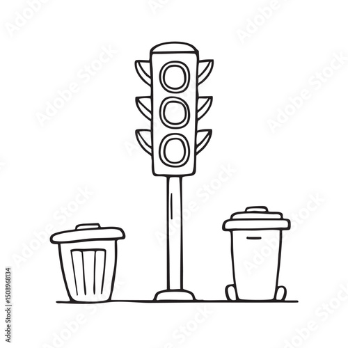 A traffic light standing near a trash bin and mailbox