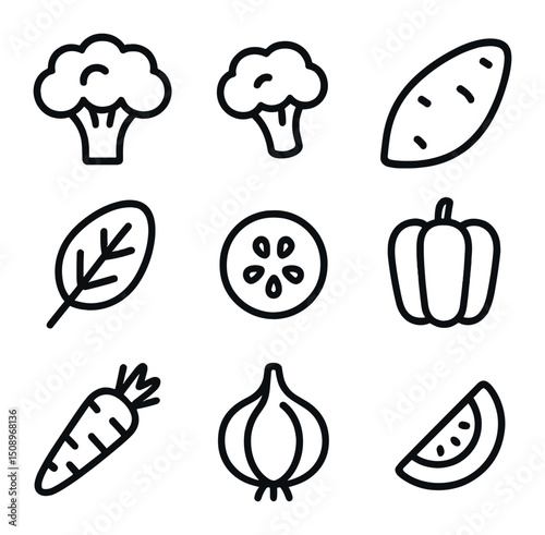 Paleo Vegetables Icons. Outline icon set of paleo vegetables lineup: broccoli head, cauliflower floret, sweet potato, spinach leaf