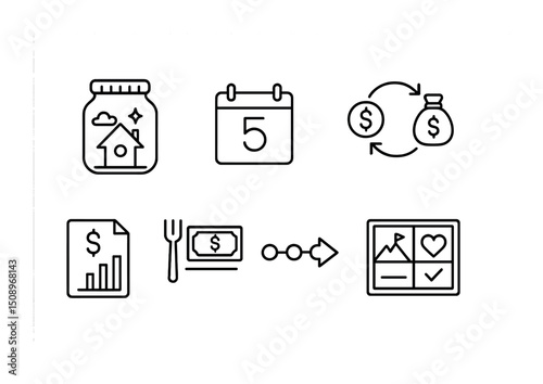 Financial planning and money management icons for budgeting and investment