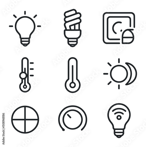 Temperature Control Icons. Outline icon set of color temperature control: warm white bulb, cool white bulb, tunable white panel,