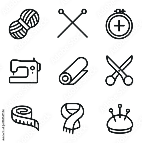 Textile Art Icons. Outline icon set of textile and fiber arts: yarn skein, knitting needles, embroidery hoop, sewing machine,