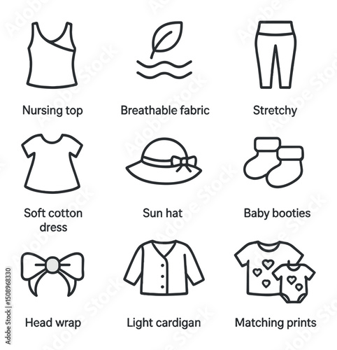 Parent-Baby Outfit Icons. Outline icon set of parent and baby outfits: nursing top, breathable fabric, stretchy leggings, soft