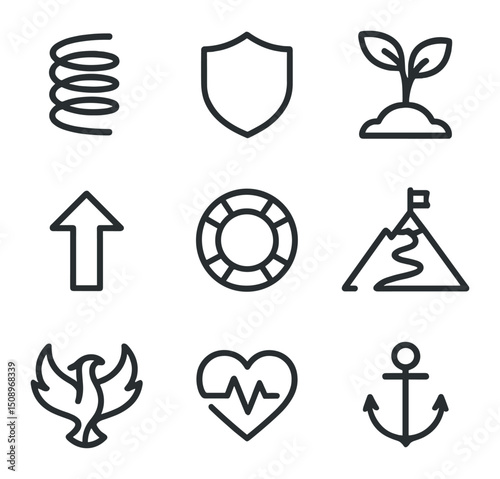 Resilience Icons Collection. Outline icon set of resilience concepts: spring coil, shield, seedling sprouting, upward arrow,