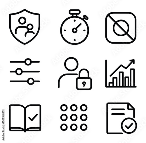 Parental Control Icons. Outline icon set of parental controls & access restrictions: parental shield, time limit timer, blocked