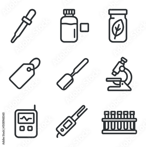 Research Tools Icon Set. Outline icon set of research and sampling tools: pipette sampler, water sampler bottle, tissue vial,