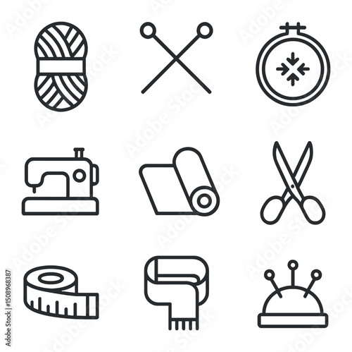 Textile Art Icons. Outline icon set of textile and fiber arts: yarn skein, knitting needles, embroidery hoop, sewing machine,