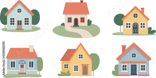 Colorful charming suburban houses with varied architecture styles, cozy cottages, modern homes, peaceful neighborhood scene, exterior residential property designs, flat vector illustration
