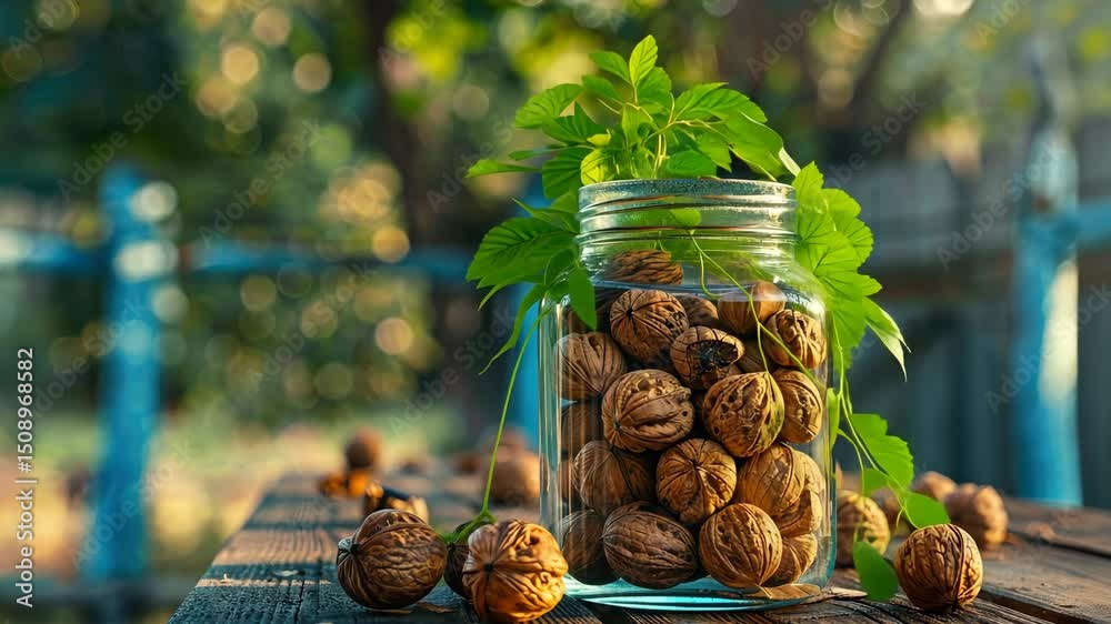 Highlights freshly harvested walnuts in a jar with natural sunlight filtering through garden foliage