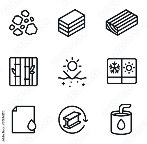 Resilient Materials Icons. Outline icon set of resilient material choices: recycled concrete aggregate, rammed earth block,