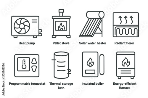 Energy efficient heating solutions icons for eco friendly home design
