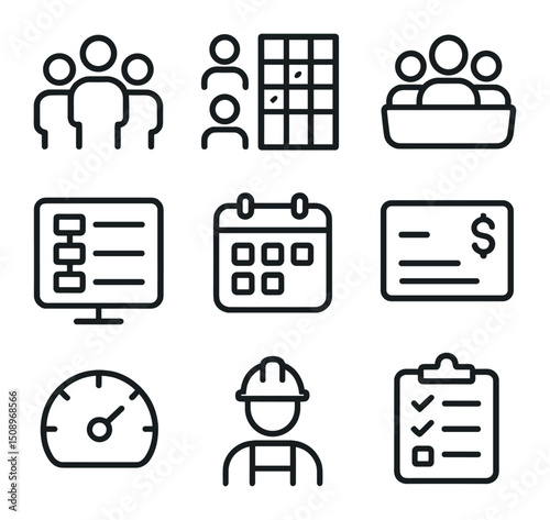 Resource Management Icons. Outline icon set of resource management: team avatars, skill matrix, resource pool, assignment board,