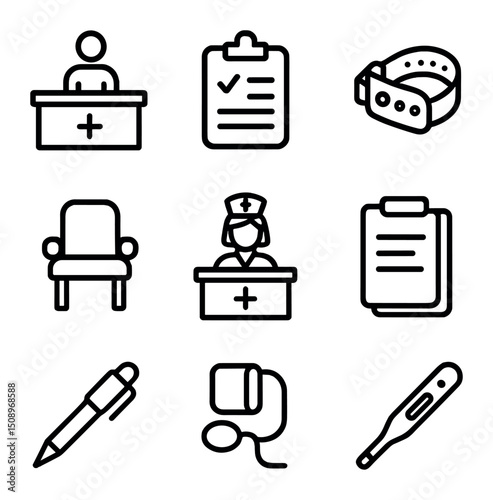 Patient Admission Icons. Outline icon set of patient admission process: reception desk, clipboard, ID bracelet, waiting chair,