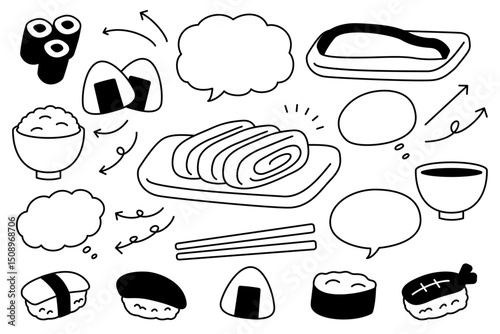 手描き風の可愛い和食と吹き出しと矢印のセット