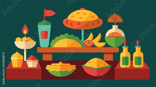 A tasting station featuring samples of empanadas tamales and other street food favorites from various Latin American countries.. Vector illustration