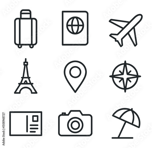 Travel Icons Grid. Outline icon set of travel destination posters: suitcase, passport, airplane silhouette, landmark monument, map