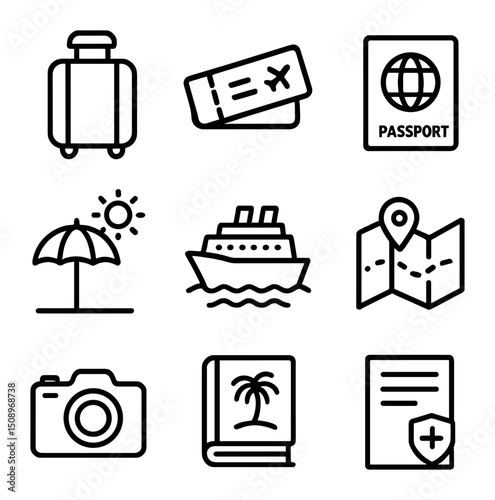 Retirement Travel Icons. Outline icon set of retirement travel and leisure planning: suitcase, airplane ticket, passport, beach