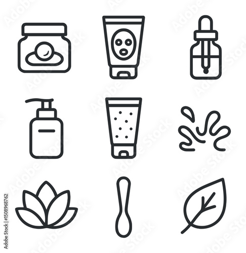 Pearl Skincare Icons. Outline icon set of pearl skincare elements: pearl powder jar, face mask tube, serum dropper, moisturizer