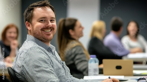 Smiling man participates in engaging group discussion during professional workshop