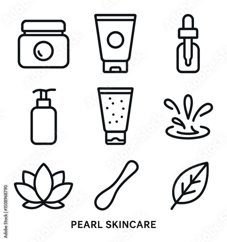 Pearl Skincare Icons. Outline icon set of pearl skincare elements: pearl powder jar, face mask tube, serum dropper, moisturizer