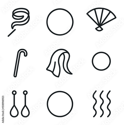 Rhythmic Movement Icons. Outline icon set of rhythmic movement props: ribbon stick, hoop, fan, cane, scarf, juggling ball, poi,