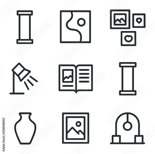 Penthouse Art Icons. Outline icon set of bespoke penthouse art collection: sculpture pedestal, abstract painting, gallery wall,