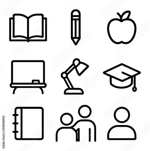 Tutoring and Mentorship Icons. Outline icon set of tutoring and mentorship: open book, pencil, apple, chalkboard, desk lamp,