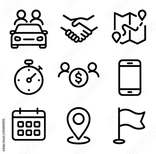 Ride-Sharing Icon Set. Outline icon set of ride-sharing and carpool: car silhouette with users, handshake icon, map route, timer,