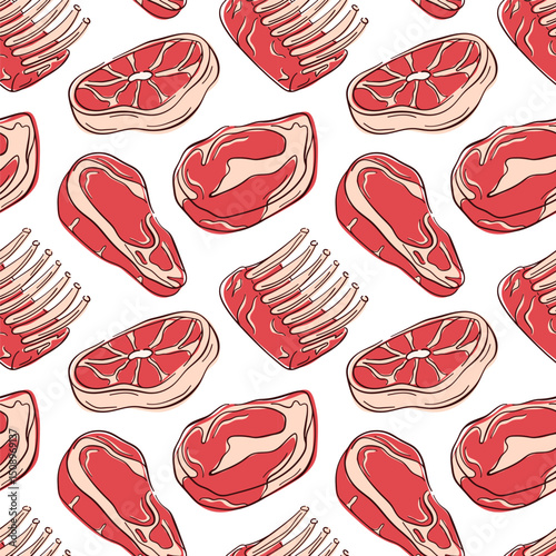 Seamless pattern with flat style raw meat cut, steak, ribs and lamb white background. Ideal for food packaging, kitchen decor or butcher shop wallpaper design.