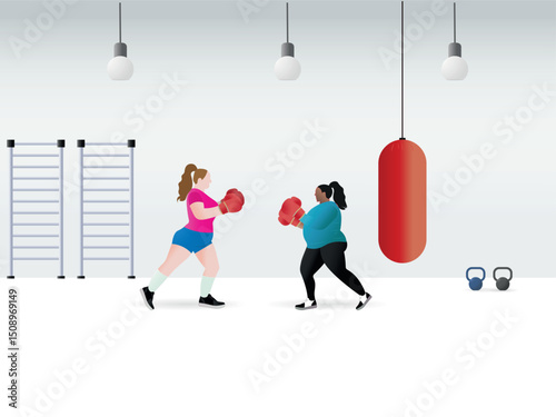 Plus size women training together in boxing gym