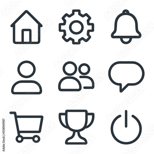 UI Icons Collection. Outline icon set of user interface elements: home screen, settings gear, notification badge, profile avatar,