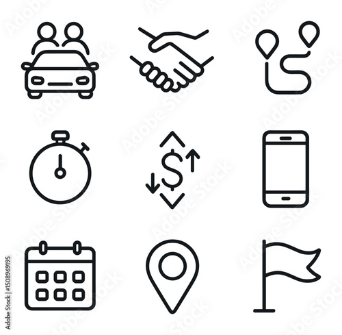 Ride-Sharing Icon Set. Outline icon set of ride-sharing and carpool: car silhouette with users, handshake icon, map route, timer,