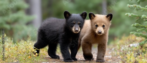 Two adorable bear cubs curiously exploring together