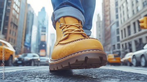 Walking in yellow work boots in new york city street with taxi and buildings background urban lifestyle photo