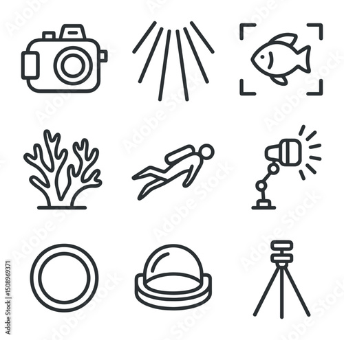 Underwater Photography Icons. Outline icon set of underwater photographer in sun rays: camera housing, sunbeam, fish focus, coral