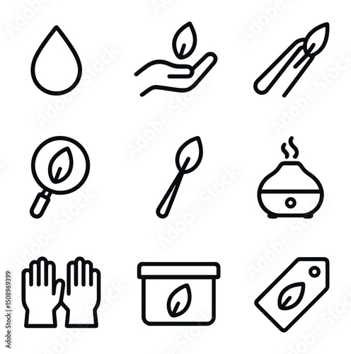 Petal Care Icons. Outline icon set of petal care tools: watering drop, gentle hand, tweezers holding petal, magnifying glass,