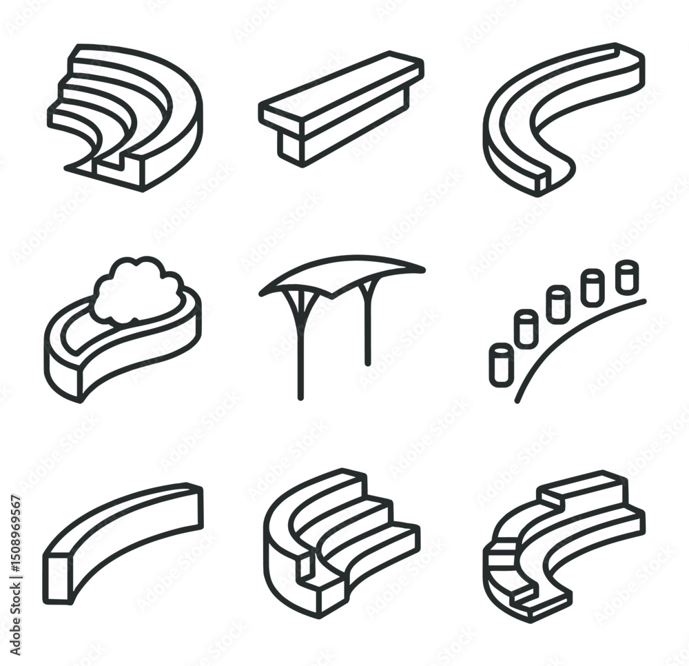 Urban Landscape Icons. Outline icon set of curved concrete urban landscape features: amphitheater seating, plaza bench, water