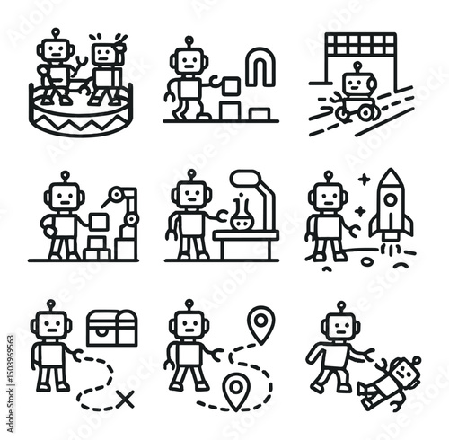 Robot Play Icons. Outline icon set of robot play scenarios: battle arena, obstacle course, racing track, builder workshop,