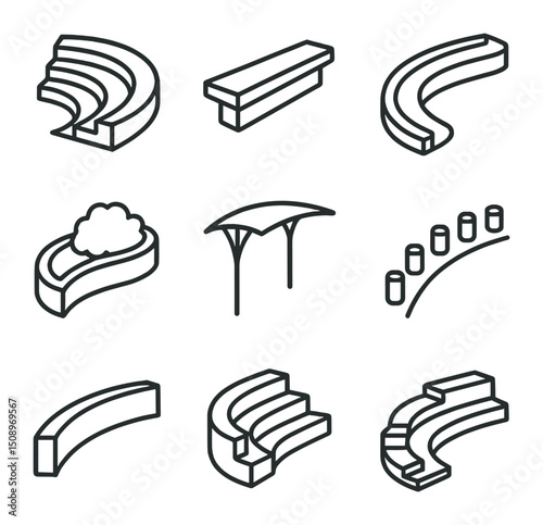 Urban Landscape Icons. Outline icon set of curved concrete urban landscape features: amphitheater seating, plaza bench, water
