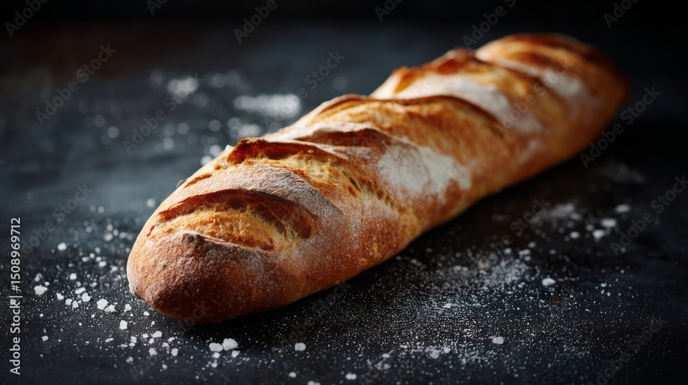a fresh crusty bread, on dark surface. a fresh crusty bread, on dark surface.