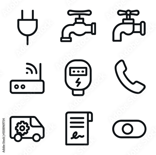Utility Icons Grid. Outline icon set of utility transfers: plug icon, water faucet, gas valve, Wi-Fi router, electrical meter,