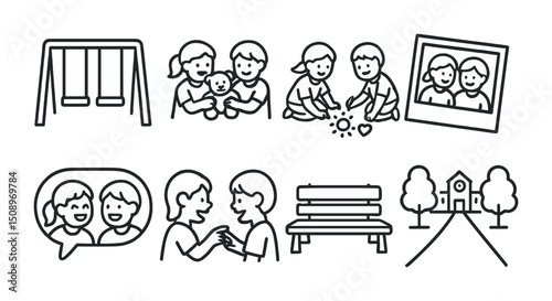 Childhood play and friendship icons for family and community themes