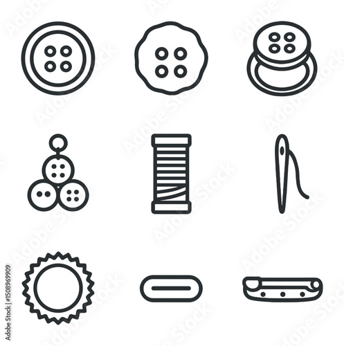 Vintage Button Icon Set. Outline icon set of vintage button upcycled accessories: brass button, mother-of-pearl button, shank ring