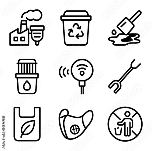 Pollution Reduction Icons. Outline icon set of pollution reduction: factory with smoke filter, recycling bin, oil spill cleanup,