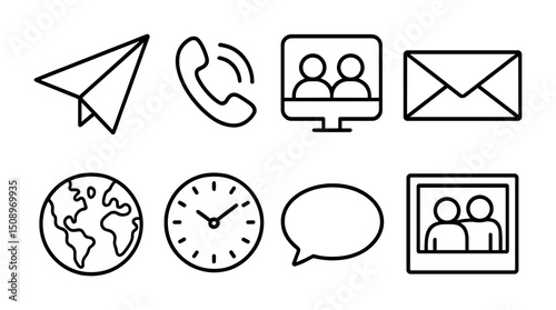 Communication icons set: phone, email, video call, paper plane, globe, clock, chat