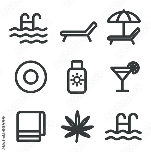 Rooftop Pool Icons. Outline icon set of rooftop pool deck: swimming pool, lounge chair, beach umbrella, float ring, sunscreen