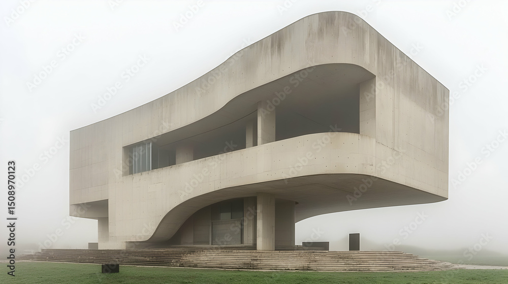 Fototapeta premium Modern Concrete House With Curved Lines In Foggy Rural Landscape
