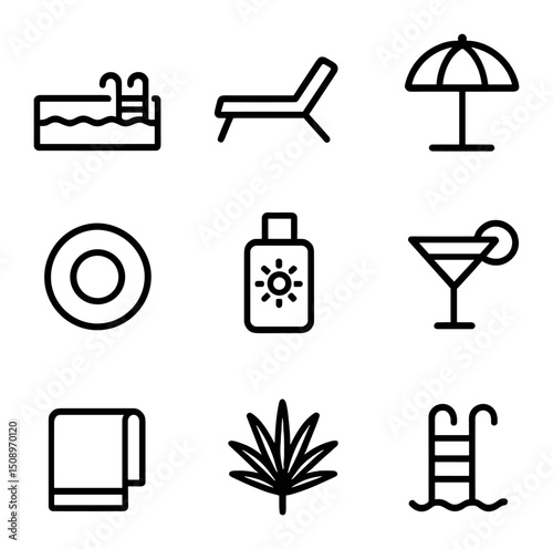 Rooftop Pool Icons. Outline icon set of rooftop pool deck: swimming pool, lounge chair, beach umbrella, float ring, sunscreen