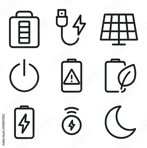 Power Management Icons. Outline icon set of power management: battery pack, charging cable, solar cell, power button, low-battery